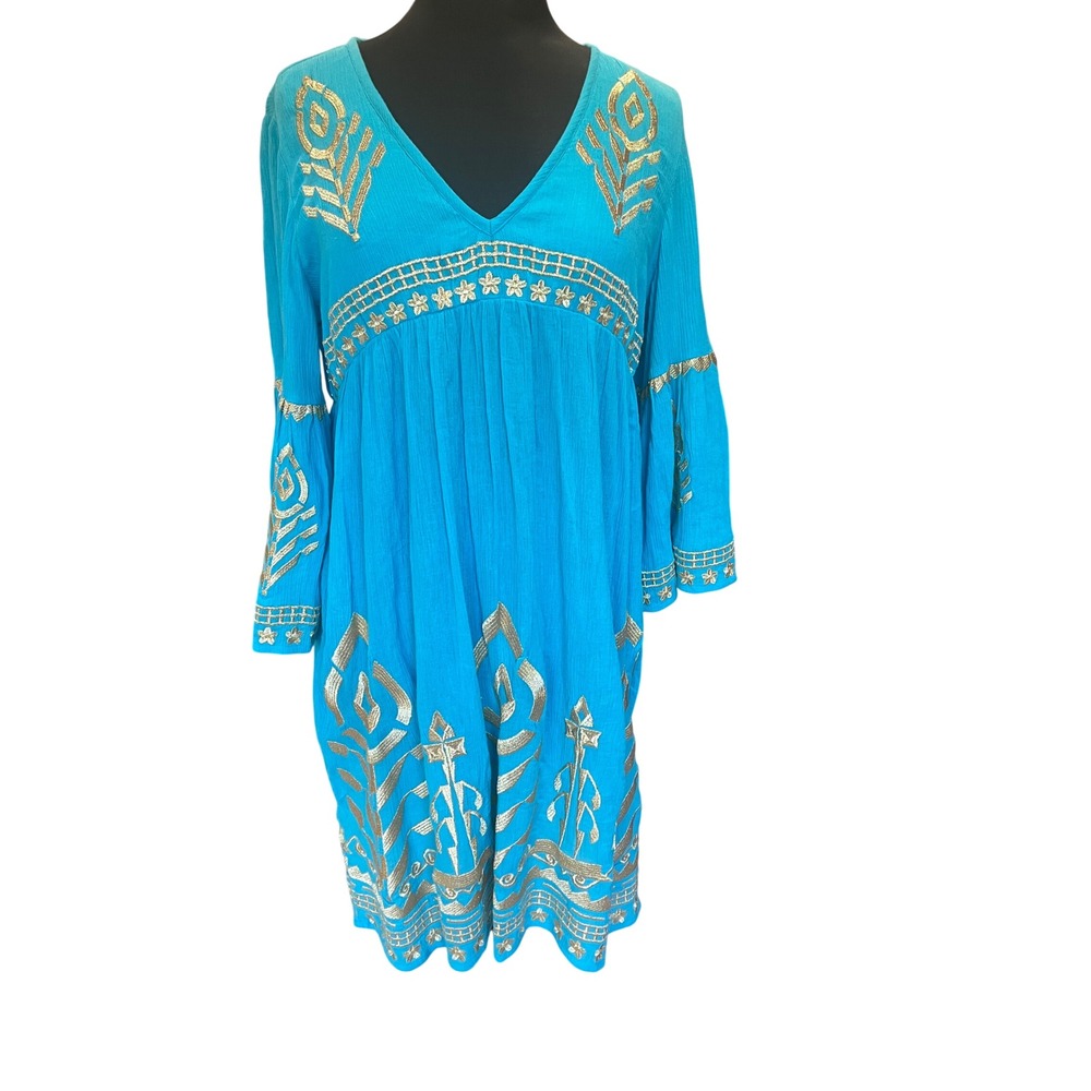 Soft Surroundings Turquoise  Gold Metallic Embroidered Boho Tunic Dress V-Neck
